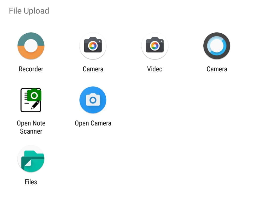 Screenshot of file upload UI: 4 icons in first row, 2 in second, 1 in third
