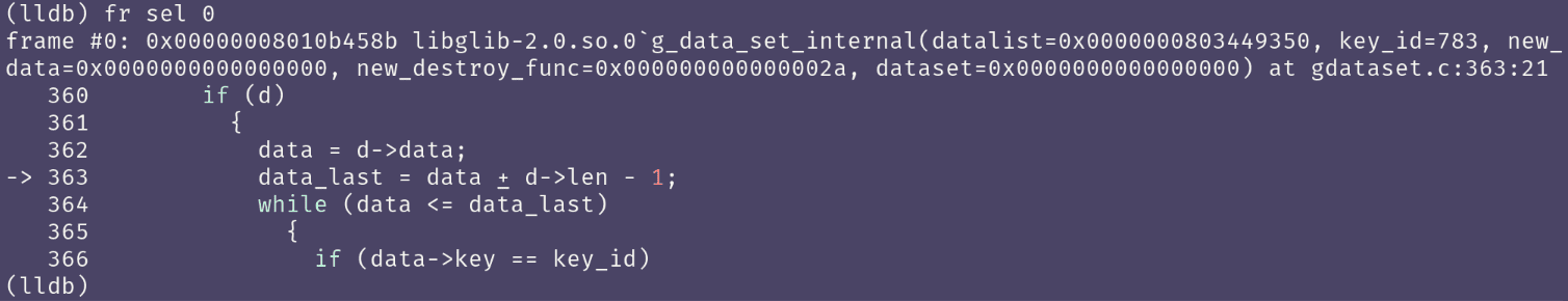 Screenshot of LLDB CLI after 'fr sel 0', with keywords 'if' and 'while' hightlighted in green, and number '1' in red