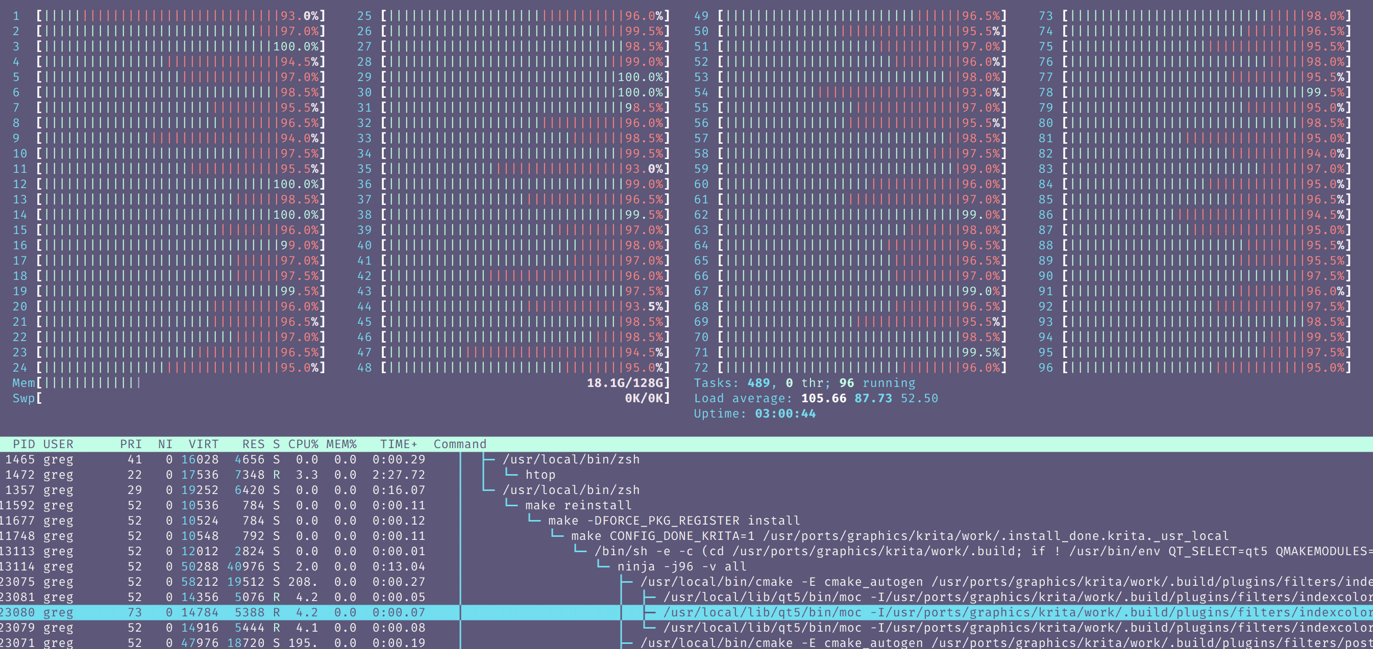 Screenshot of htop with 96 CPU cores